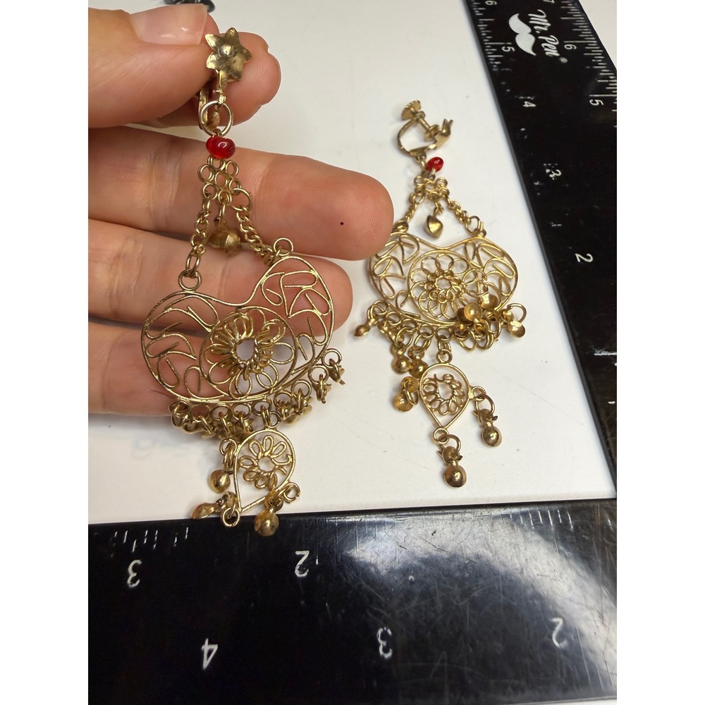 Gold Tone Filigree Chandelier Earrings Red Bead Screw Back Boho Statement Drop